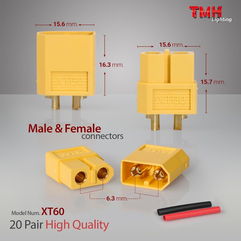 TMH 20 Pairs XT60 Connector XT-60 Male Female Bullet Connectors Plugs with 80 pcs Heat Shrink Tube for RC Lipo Battery Car Boat (20 Male+20 Female) - Image 2